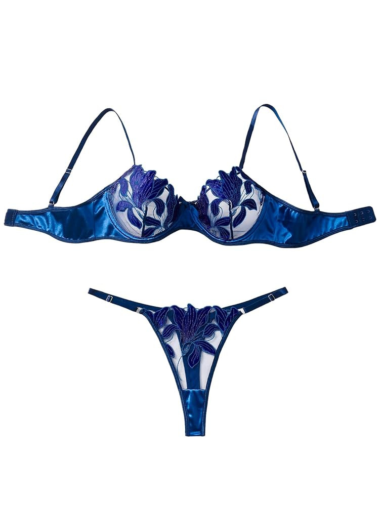 Lilosy Sexy Satin Mesh Floral Sheer Embroidered Underwire Lingerie Set 2 Piece Women