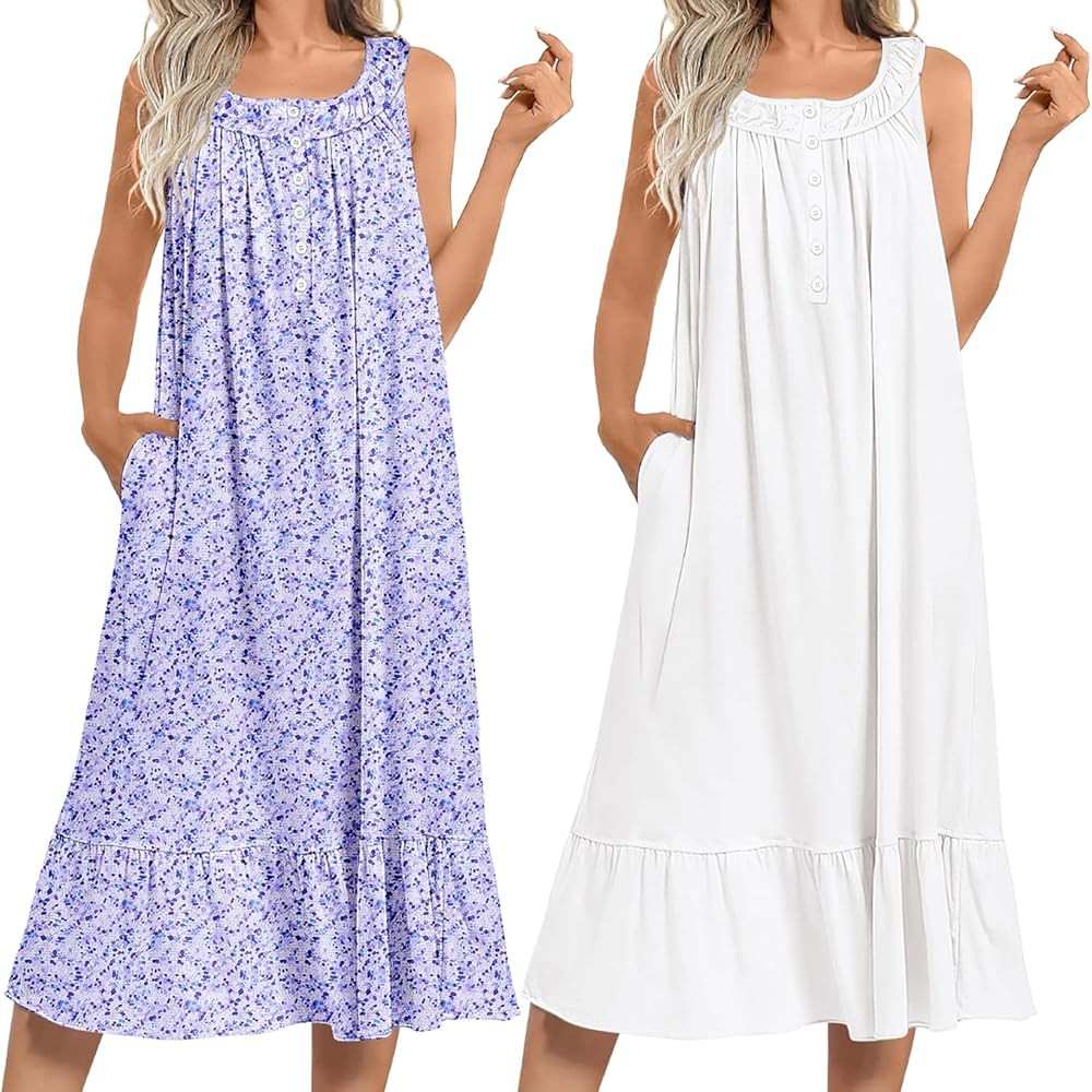 Ekouaer 2 Pack Nightgowns for Women Sleeveless Long Night Gowns Victorian Nightdress with Pockets Soft Ladies Gown