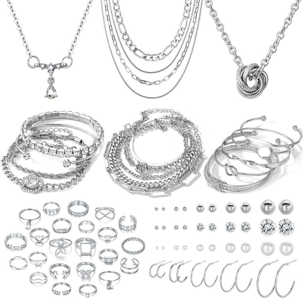 IFKM 36 PC Silver Plated Jewelry Set With 3 Necklace, 12 Bracelet, 7 Ear Cuffs Earring, 14 Knuckle Rings For Women Girls Valentine Anniversary Birthday Friendship Gift