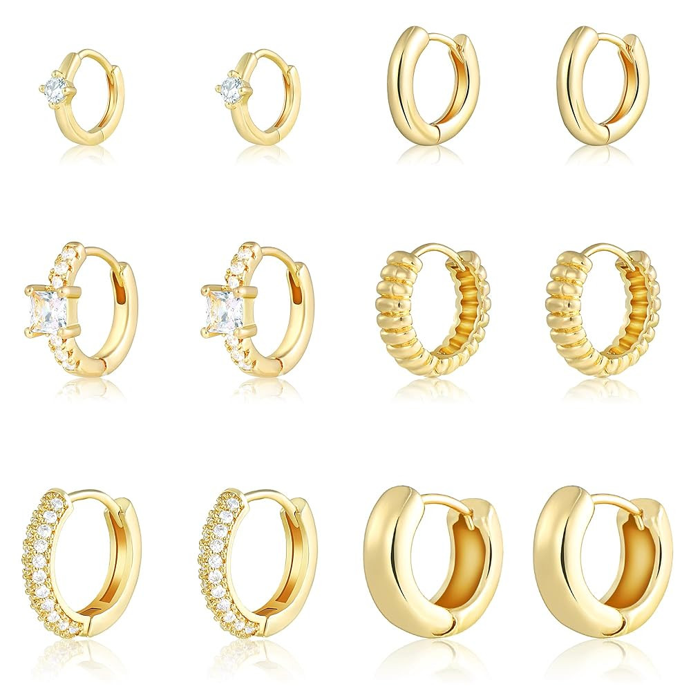 Wgoud Small Gold Hoop Earrings Set for Women, 6 Pairs 14K Gold Plated Hypoallergenic Lightweight Huggie Hoops Earrings, Gold Cartilage Cubic Zirconia Earrings for Women Gifts.