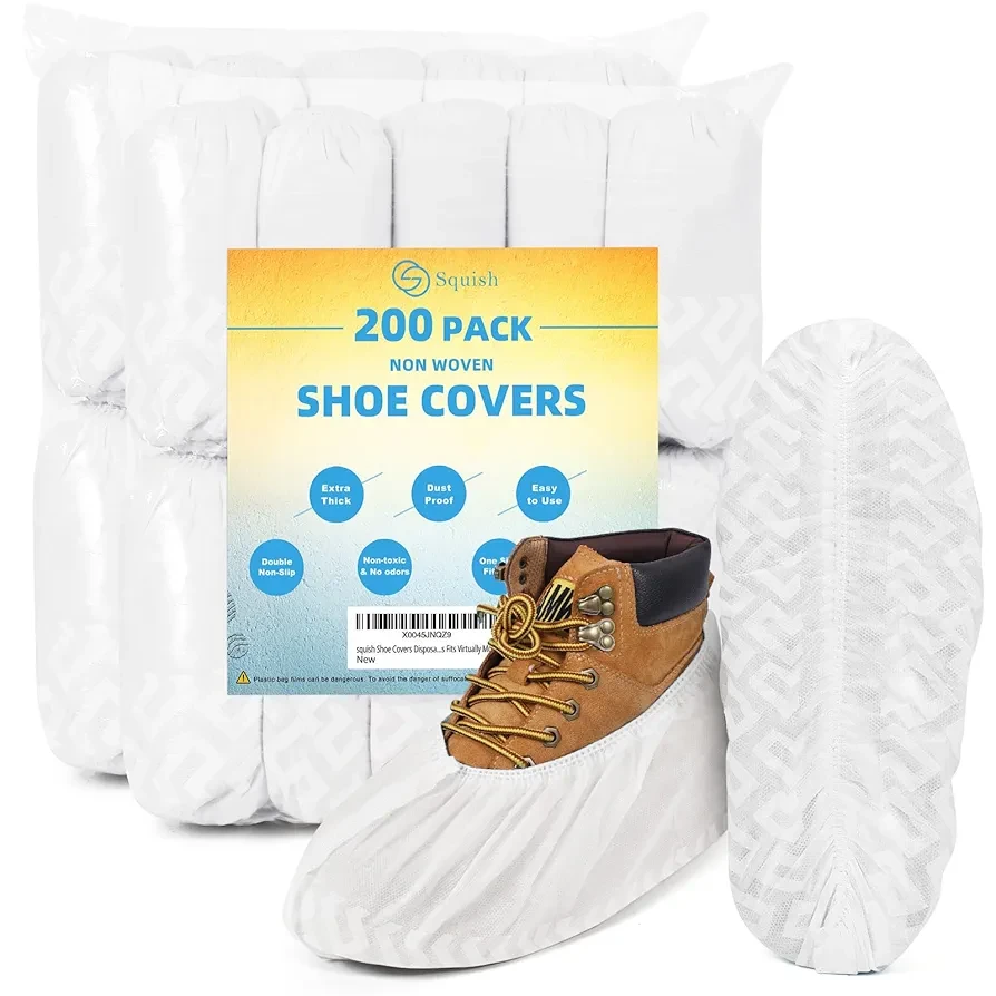 squish 200 Pack Shoe Covers Disposable Non-Slip, White Non-Woven Fabric Boot Covers for Indoors Breathable Slip Resistant Durable Boot&Shoes Cover, Protector Covers Fits Virtually Most Shoes