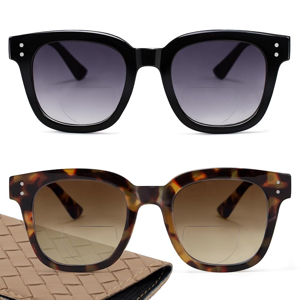 Madison Avenue 2 Pack Oversized Square Bifocal Reading Sunglasses for Women, Chic Sun Reader Glasses Womens UV400 Protection
