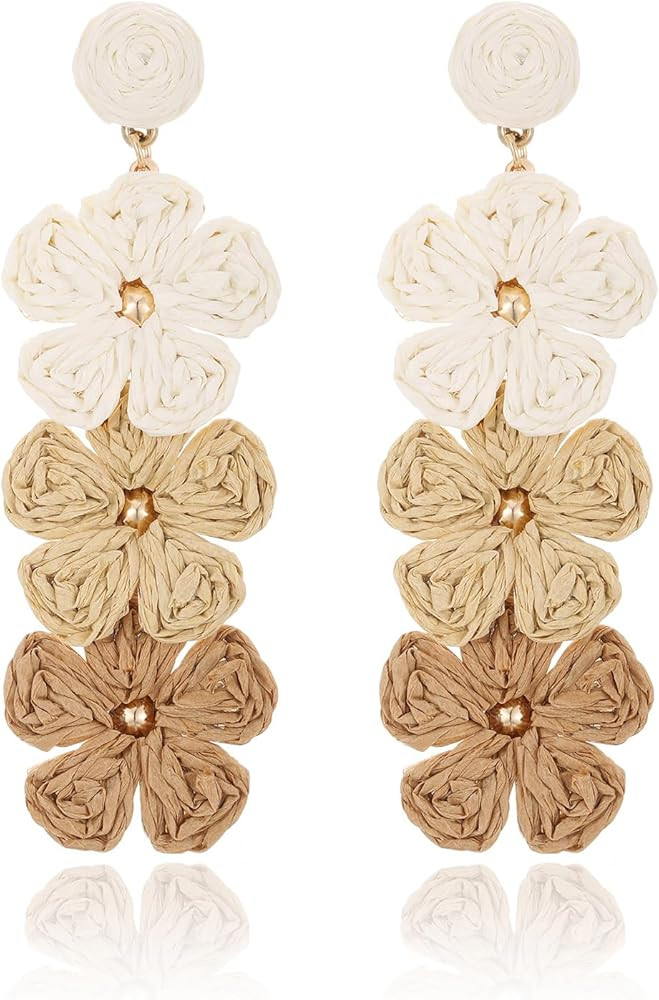 Raffia Flower Earrings, Raffia Straw Wrapped Flower Drop Dangle Earrings Summer Tropical Beach Jewelry