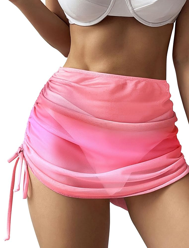 Women's Beach Cover Up Skirt Mesh Sheer Ruched Drawstring Short Swim Skirt Cover Ups for Swimwear