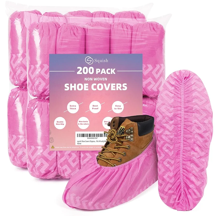 squish 200 Pack Shoe Covers Disposable Non-Slip, Pink Non-Woven Fabric Boot Covers for Indoors Breathable Slip Resistant Durable Boot&Shoes Cover, Protector Covers Fits Virtually Most Shoes