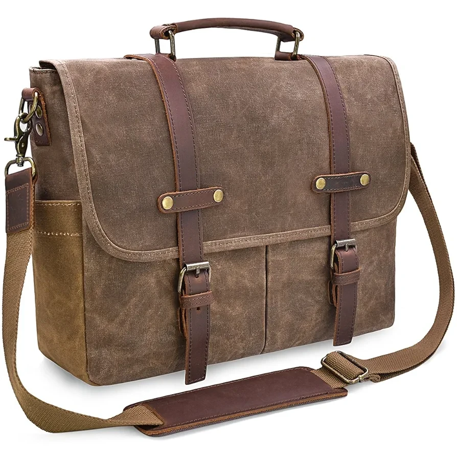 Mens Messenger Bag 15.6 Inch Waterproof Vintage Genuine Leather Waxed Canvas Briefcase Large Leather Computer Laptop Bag Rugged Satchel Shoulder Bag, Brown