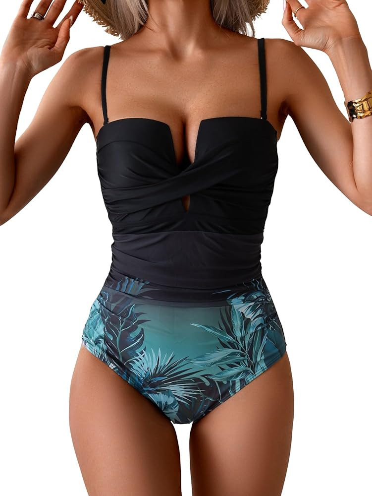 Women's Push Up Wrap Front Swimsuit One Piece Tummy Control Bathing Suits Bandeau Support Slimming Swimwear