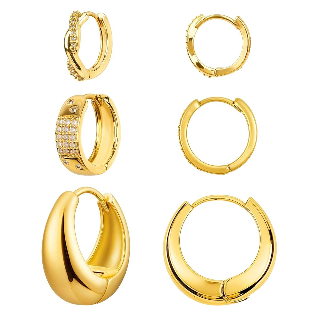 3 Pairs Gold Hoop Earrings Set for Women Trendy - 14K Real Gold Plated Hoop Earrings - Hypoallergenic Cute Zirconia Stud Earrings Jewelry Gifts for Multiple Piercing