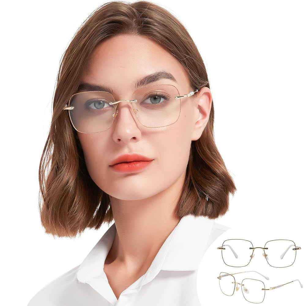 2 Packs Rimless Blue Light Blocking Reading Glasses for Women, Sparkling Metal Computer Readers