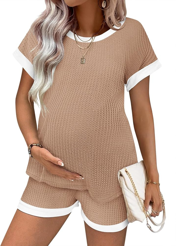 Ekouaer Women's Waffle Knit Maternity Pajamas 2 Piece Outfits Short Sleeve Tops and Shorts Loungewear Set Pregnancy Clothes