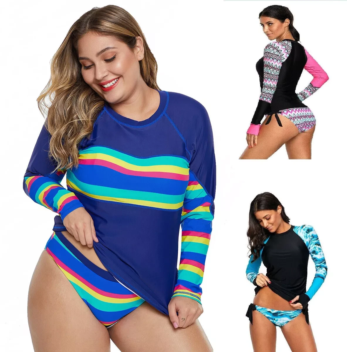 Women Long Sleeve UV Sun Protection UPF 50+ Rash Guard Top 2 Piece Swimsuit Set