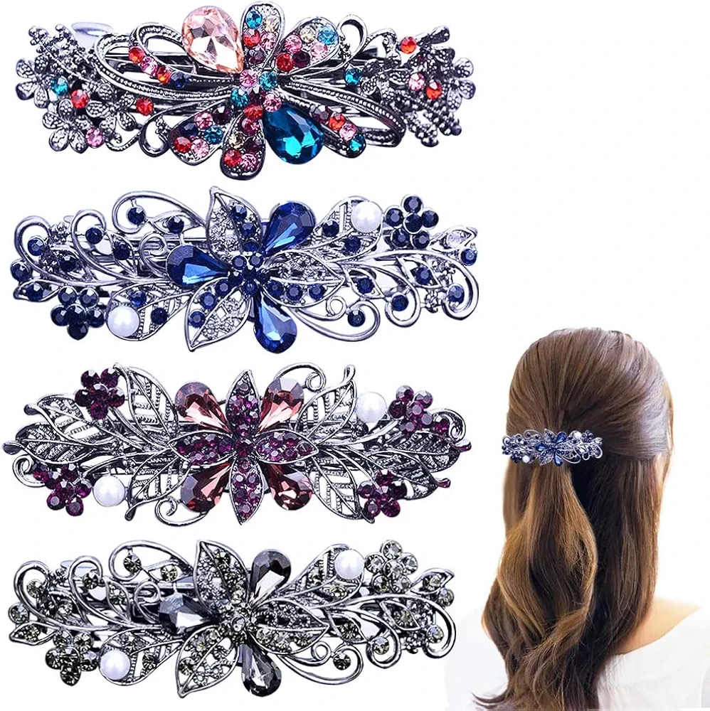 4 PCS Hair Barrettes for Women Ladies, Flower Crystal Rhinestones Barrette Pearl Spring Hair Clip Accessories Women Fashion Ponytail Holders Barrette for Daily Wear Mothers Day present