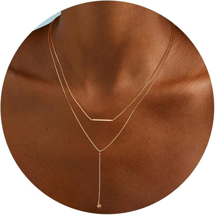 Foxgirl Lariat Gold Necklace for Women, Dainty Long Necklace 14k Gold Plated/Silver Y-Shaped Pendant Necklace Trendy Layered Cz Beaded Chain Drop Necklaces Simple Gold Jewelry For Women Gift