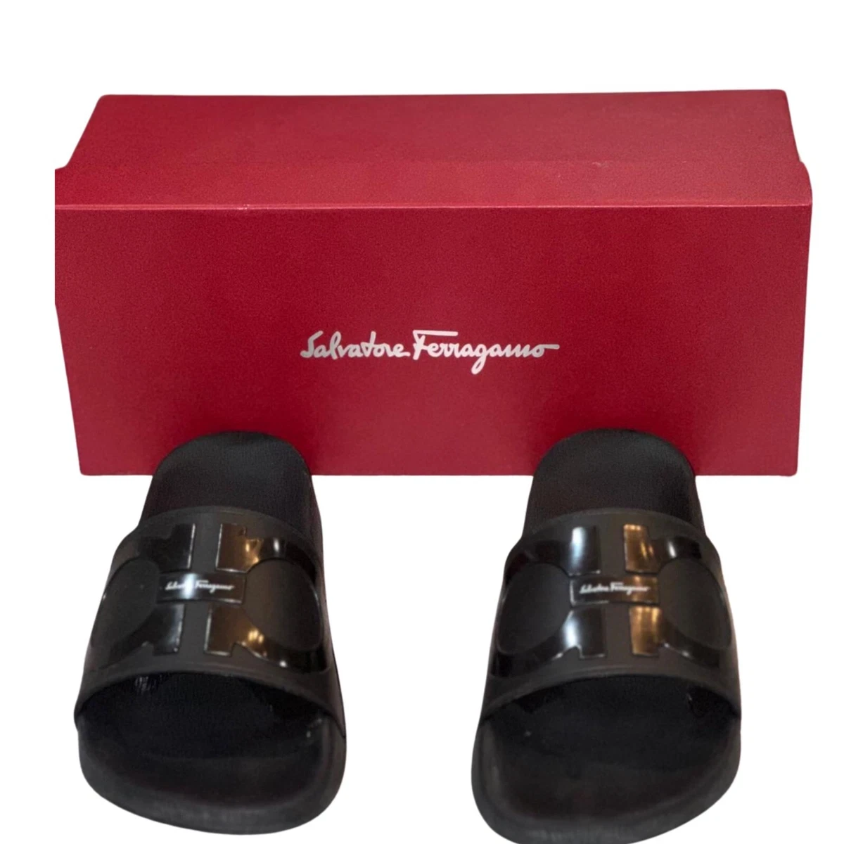 Salvatore Ferragamo BLACK Groove 2 Pools Slide Sandals Size 8/M Used