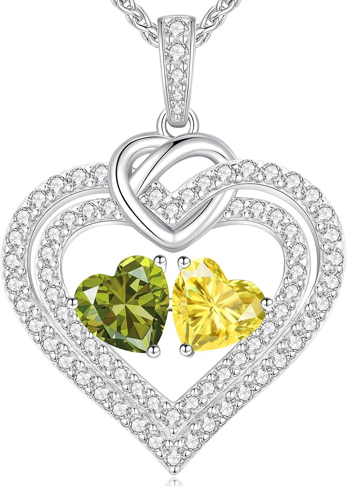LOUISA SECRET Sparkling Double Heart Birthstone Necklaces for Women, 925 Sterling Silver Fine Jewelry, Pendant Heart Necklaces Birthday Anniversary Christmas Gift for Women Wife Mom Girlfriend Lady