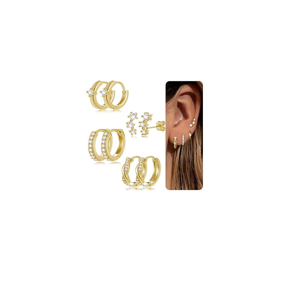 Small Gold Hoops Earrings for Women Trendy Gold Earring Set, 14K Gold Plated Hypoallergenic Huggie Earrings Lightweight Stud Earrings for Women, Twisted CZ Cartilage Earings 4 Pairs
