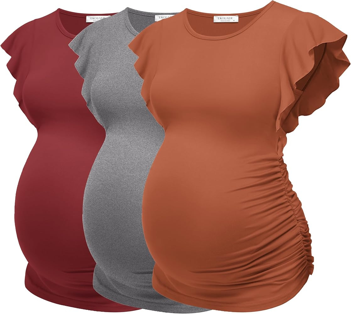 Ekouaer Women's Maternity Shirts 3 Packs Flying Short Sleeve Pregnancy Tops Side Ruched Tunic Blouse Mama Clothes S-XXL