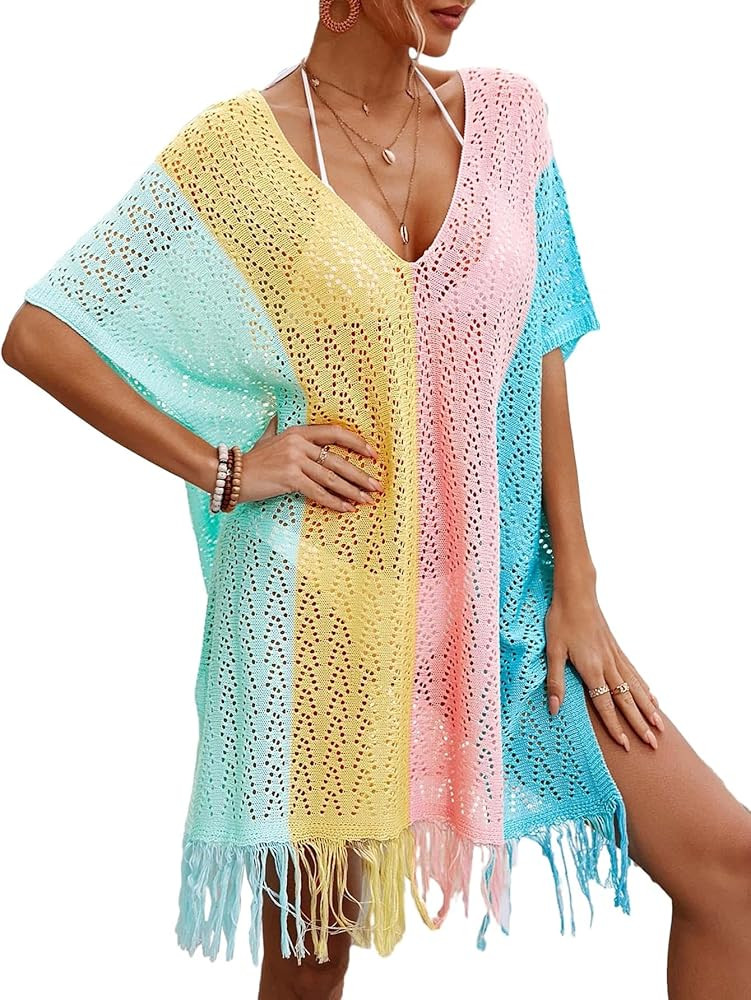 Womens Oversized Crochet Beach Dresses Summer 2025 Scoop Neck Cap Sleeve Bathing Suit Cover Up Mini Dress