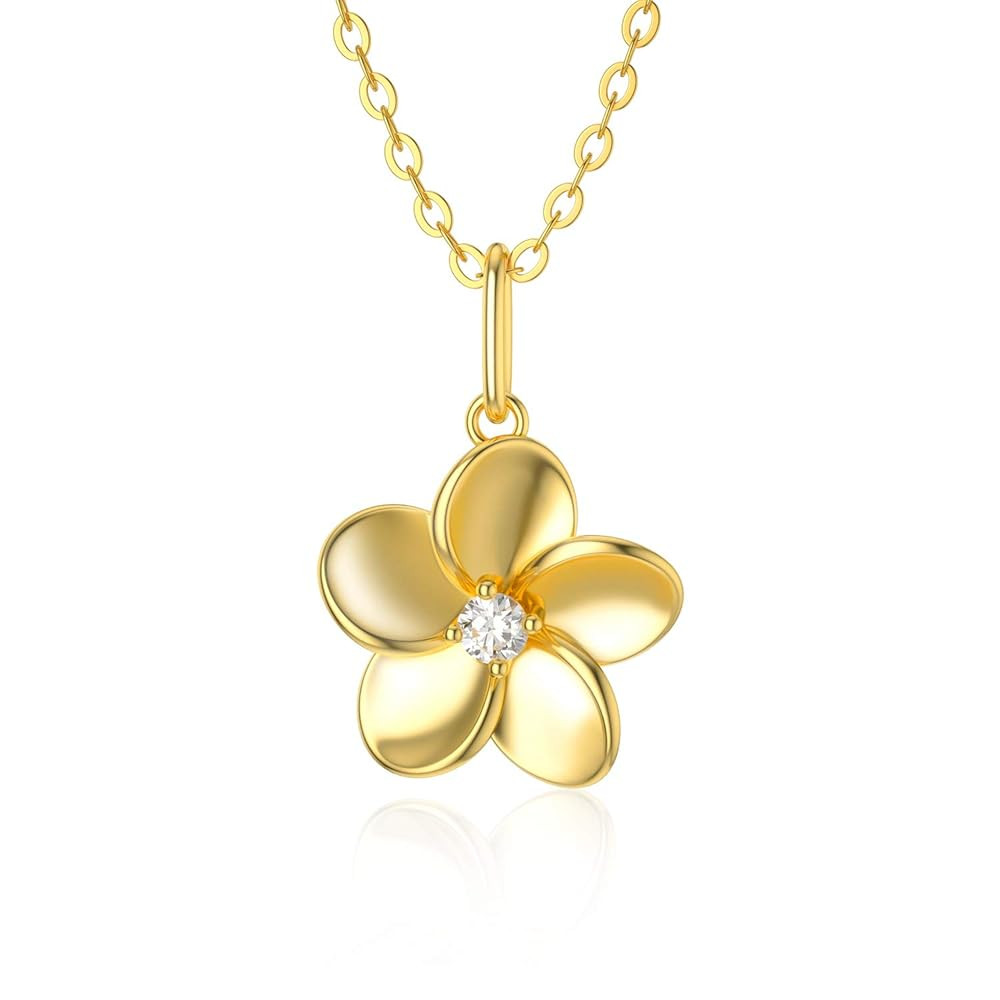 14K Solid Gold Diamond Flower Necklace for Women, Natural Diamond Gold Hawaiian Plumeria Flower Pendant Necklace Anniversary Birhtday Mother's Day Jewelry Gifts for Mom, Wife, 16+2 Inch
