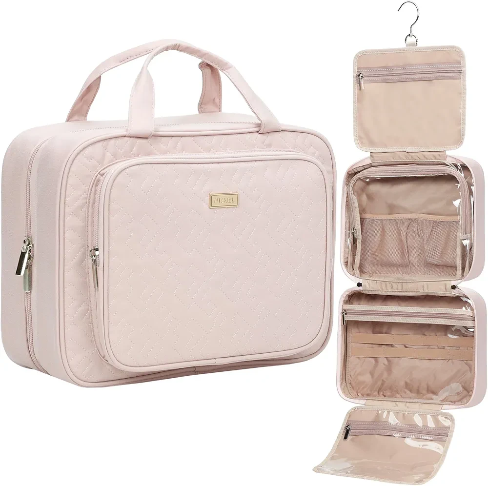 NISHEL Travel Toiletry Bag for Women Large Capacity, Makeup Essentials Organizer, Hanging Case for Accessories, Cosmetics, Pink