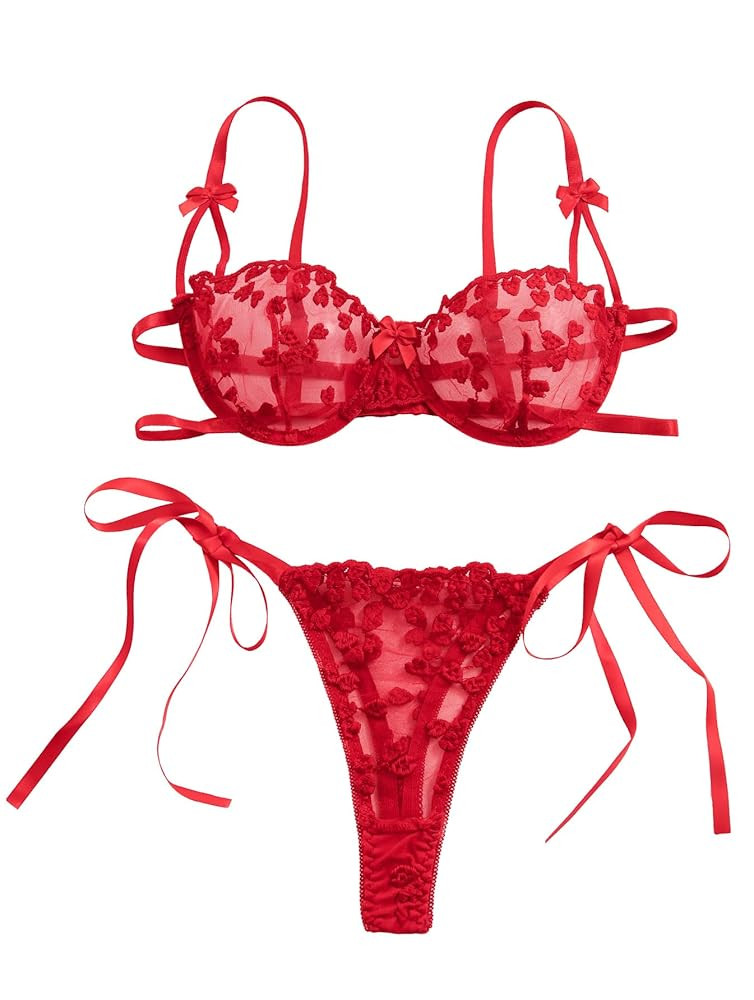 Sexy Tie Side Cute Underwire Push Up Strappy Embroidered Mesh Sheer Lingerie Set