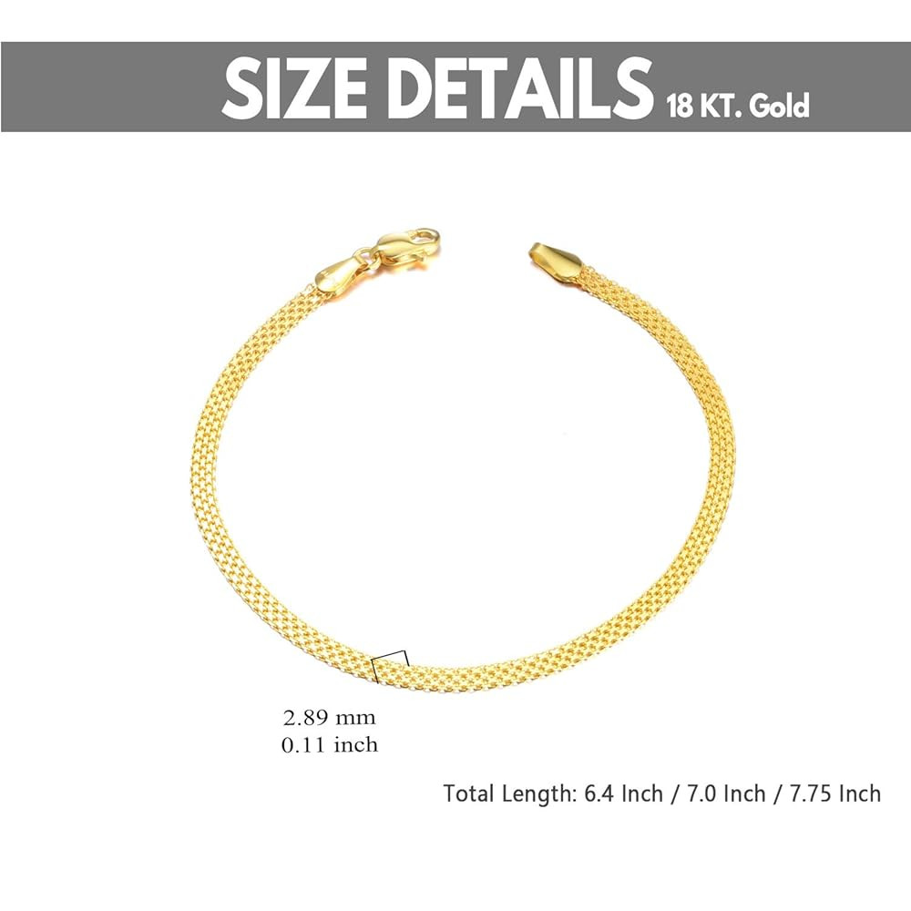 Solid 18k Gold Italian Mesh Link Chain Bracelets for Women, Fine Jewelry Gifts for Her (Chain width: 2.8 mm; 6.4-7.5 Inch)