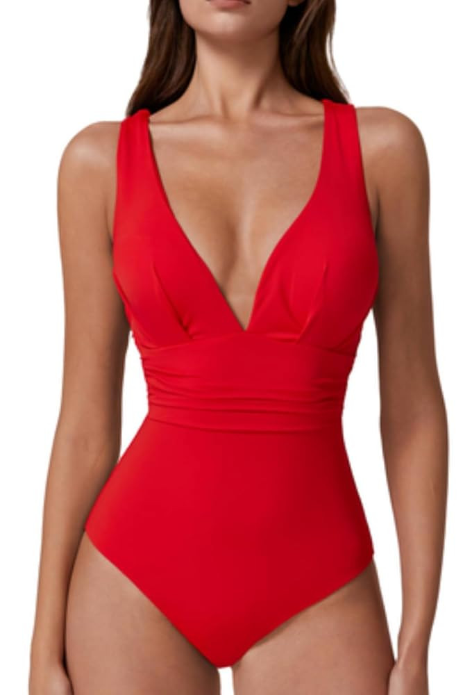 Womens Sexy V Neck One Piece Bathing Suit Cross Back Swimsuit High Waist Monokini