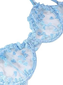 Underwire Cute Push Up Strappy Embroidered Mesh Sheer Lingerie Set See Through Panty Bra