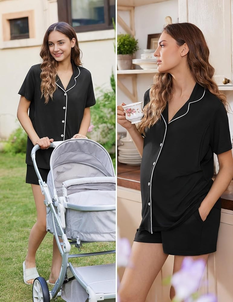 Ekouaer Women's Maternity Nursing Pajama Sets Button Down Postpartum Pajamas Short Sleeve Breastfeeding Clothes