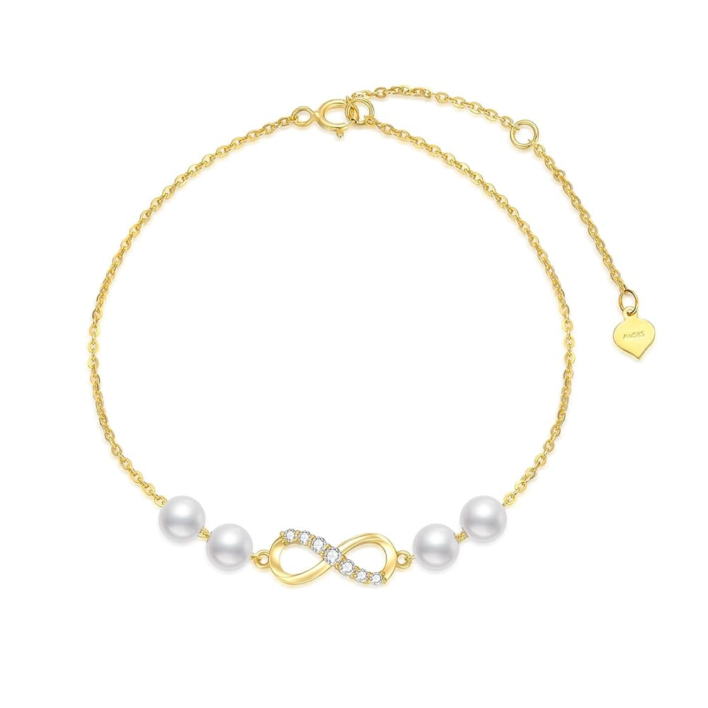 10k 14k Gold Created Moissanite and Freshwater Cultured Pearl Infinity Bracelets for Her,Hand Jewelry Gifts for Her, 6.8-8.4 Inches
