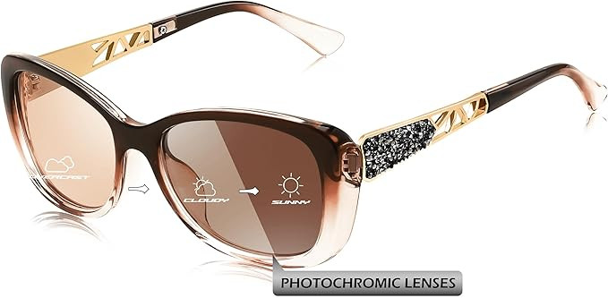 FEISEDY Polarized Women Sunglasses Retro Shades Photochromic Lens Sparkling Crystal Sunglasses UV400 Protection B0144