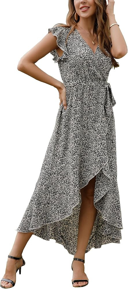 GRECERELLE 2025 Women's Spring Summer Boho Floral Print V-Neck Faux Wrap Maxi Dress for Wedding Guest, Graduation, Party
