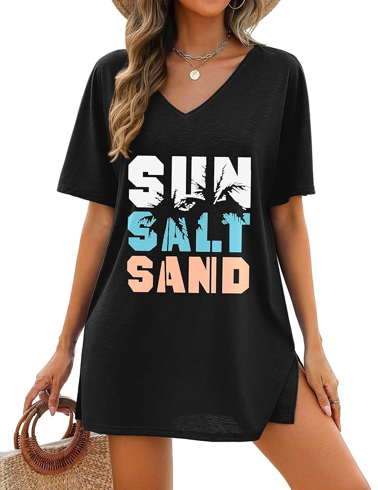Women's Swimsuit Coverup Short Sleeve Bathing Suit Cover Up Casual T-Shirt Dress Loose Beachwear Coverups S-3XL