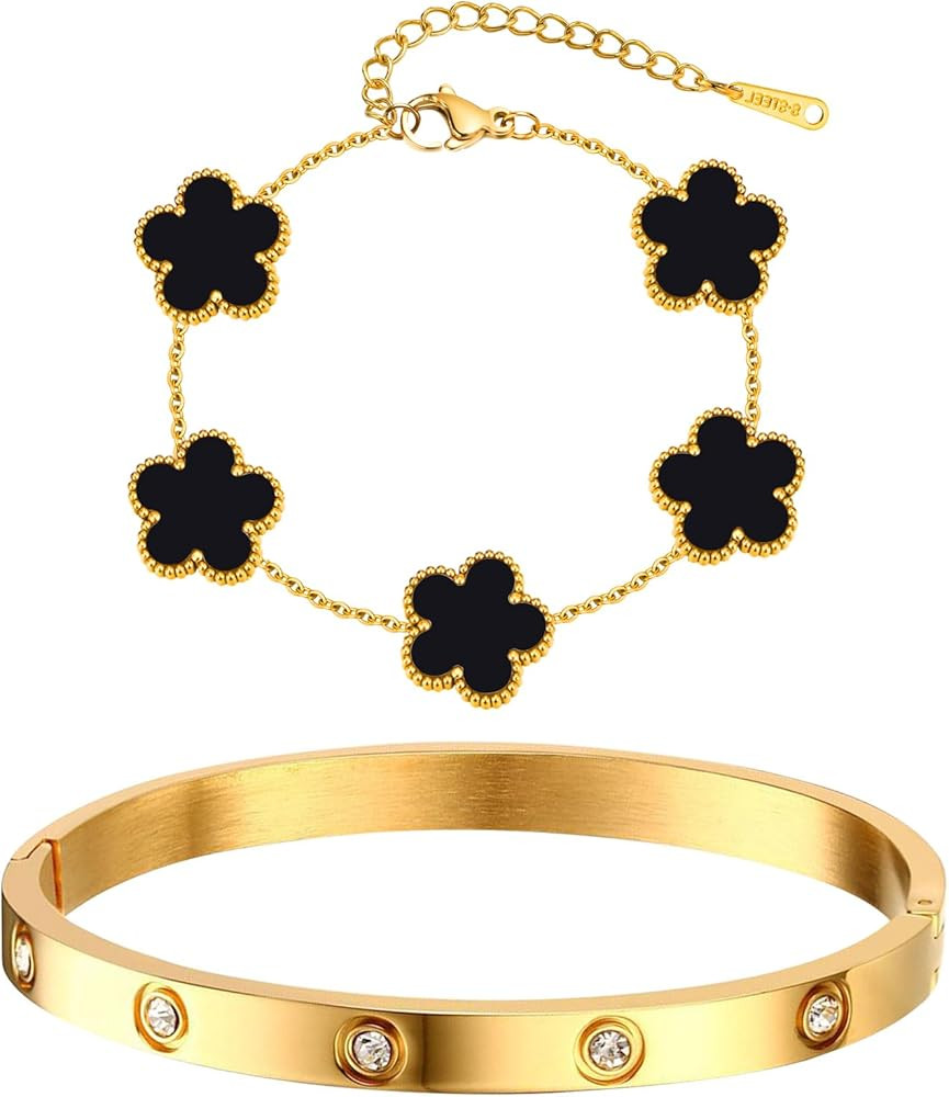 MPRAINBOW Womens Stackable Gold Bracelets Jewelry, 18K Gold Plated Floral Bracelet,Bangles Non Tarnish, Gold Cubic Zirconia Chain Set Trendy Gift,Christmas Valentines Birthday Gifts for Girlfriend