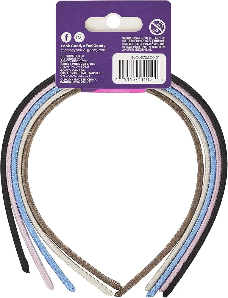 Goody Ouchless Shoestring Headbands, 5 Ct, Assorted Colors, Stylish & Lightweight Thin, Damage-Free Fabric Headbands for Women & Men, All-Day Comfort, For All Occasions, All Hair Types