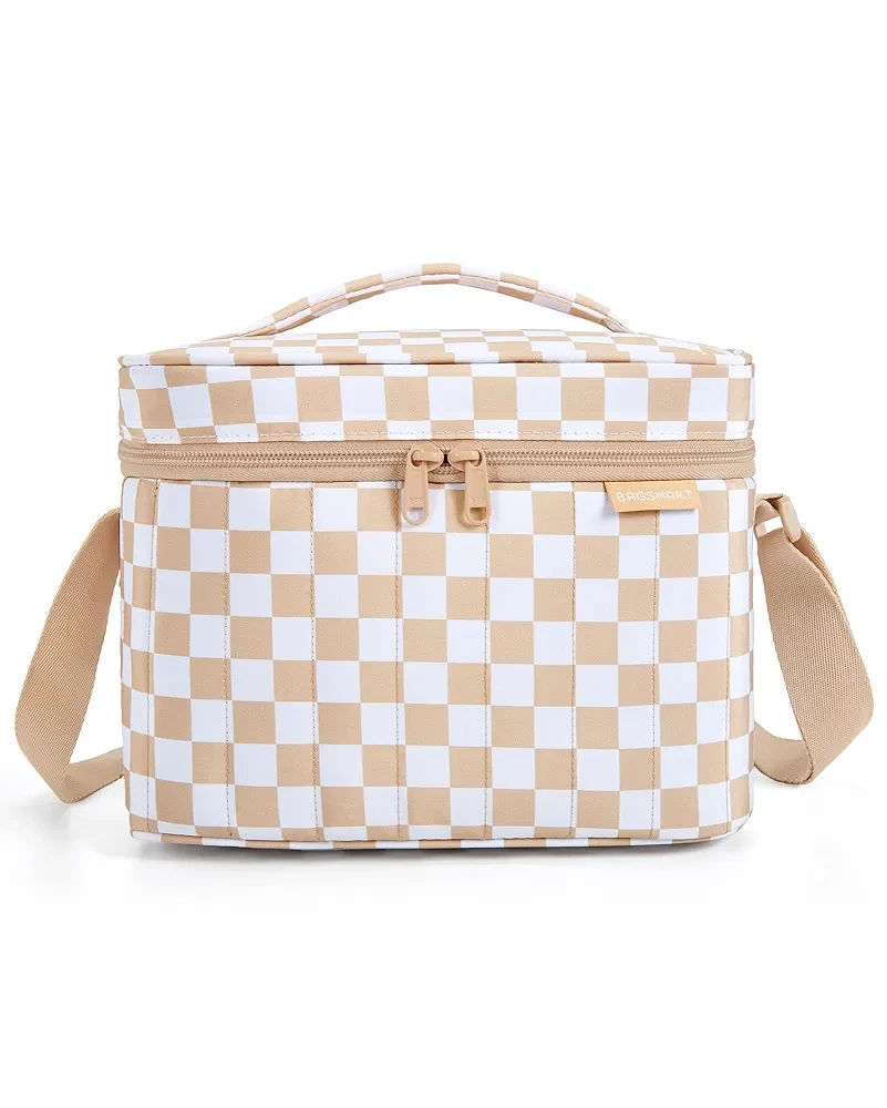 BAGSMART Insulated Lunch Box for Women, Cute Puffer Lunch Bag Reusable Cooler with Premium Lining, Khaki Checkered