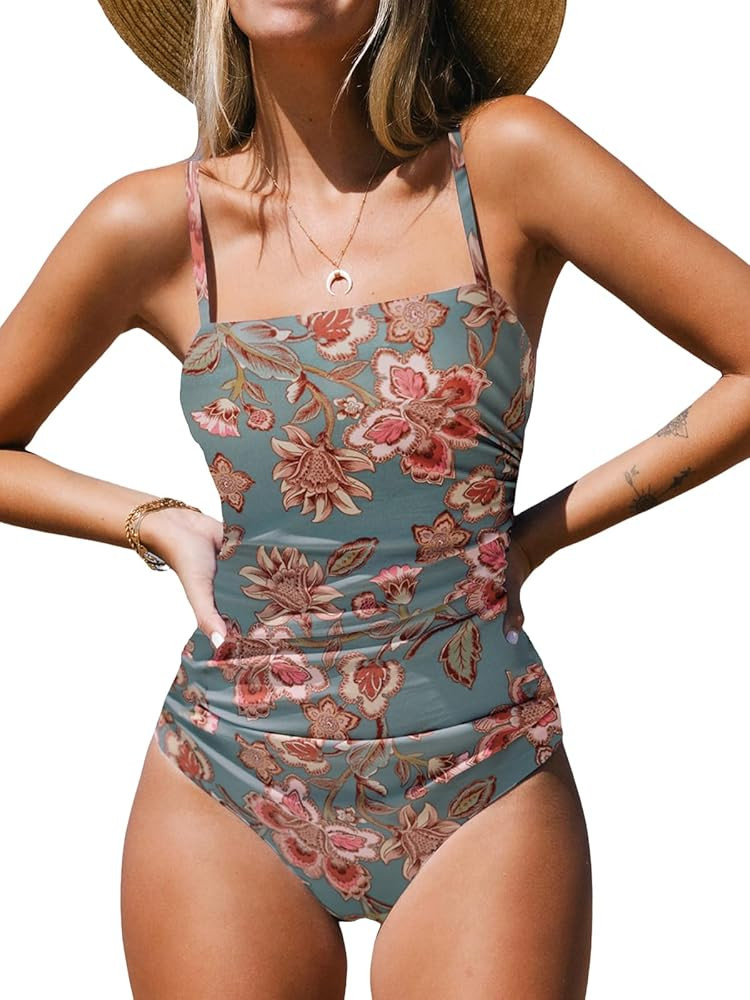 Women Swimsuit One Piece Bathing Suit Square Neck Cutout Back Tummy Control with Adjustable Spaghetti Straps