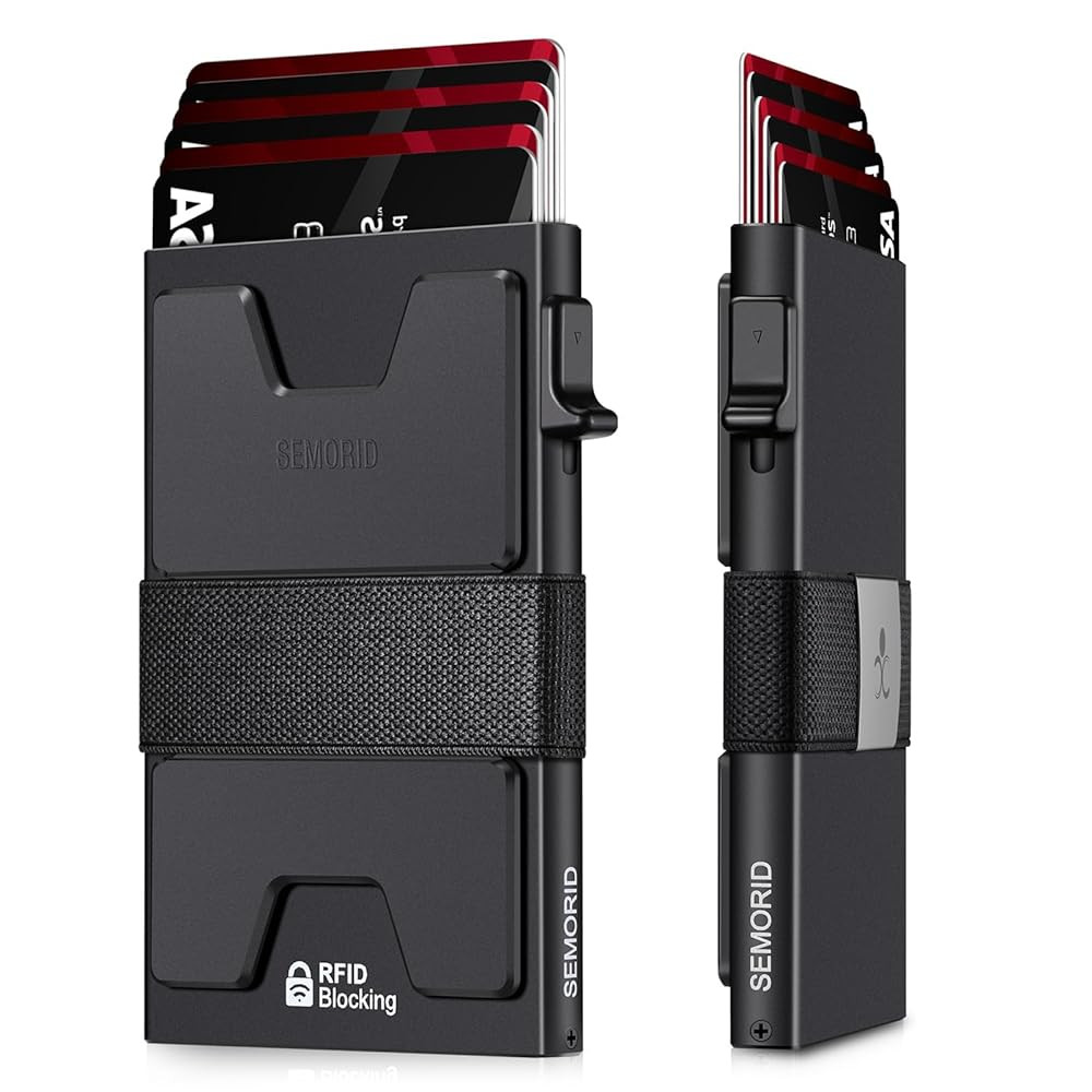 Slim Aluminum Card Holder Wallet for Men, Durable Expandable Backplate, RFID Blocking Minimalist Metal Pop Up Wallet, Holds 12+ Cards Plus Cash (Black)