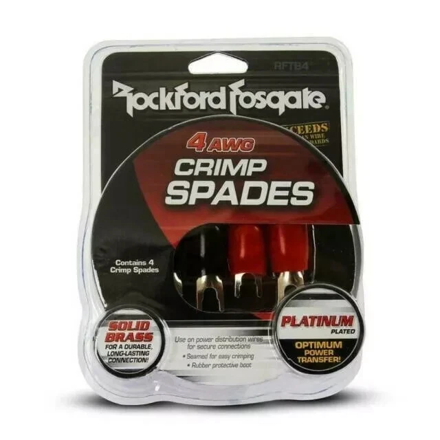 4 AWG Seamed Crimp Style Barrier Spade    4 AWG seamed crimp style barrier spade (FORK), platinum finish, 4 pack.  HPP plating for superior corrosion resistance 1 Year Warranty