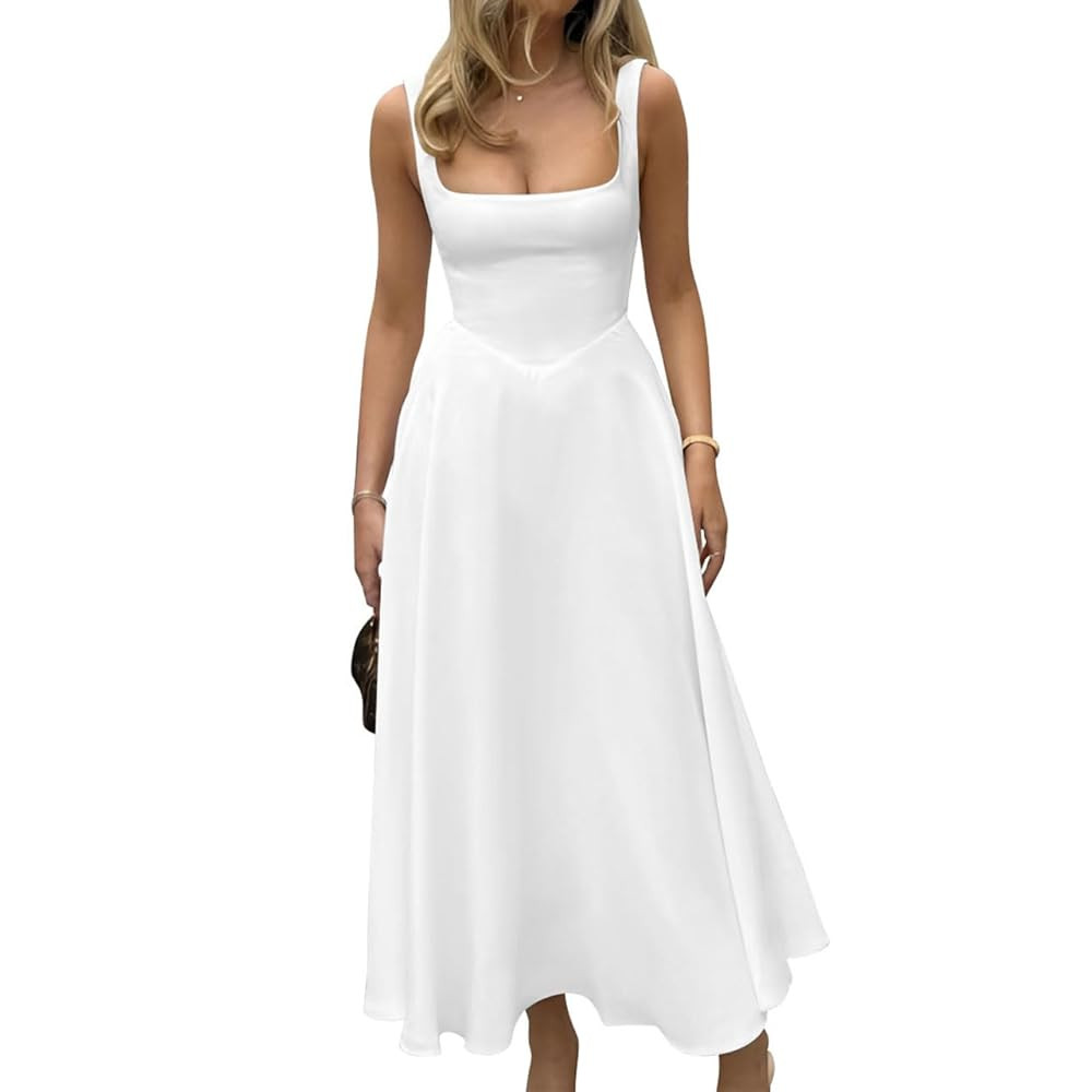 ZAFUL Summer Sleeveless Midi Dresses for Women 2025 Elegant Wedding Guest Square Neck A Line Flowy Swing Sundress