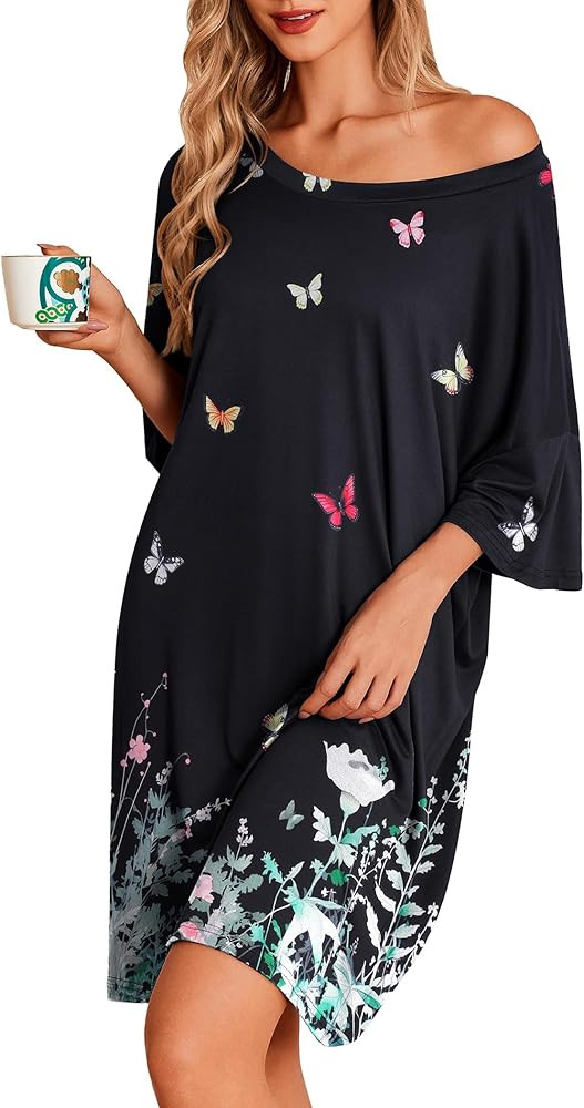 Ekouaer Plus Size Nightgowns for Women Oversized Sleep Shirt Short Sleeve Nightshirt T-Shirt Dress Sleepwear S-XXXL