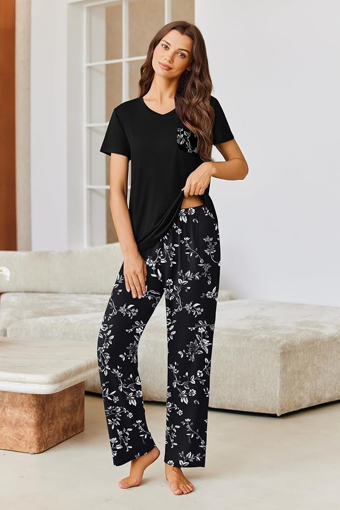 Ekouaer Pajamas for Women Set Short Sleeve Pjs and Long Floral Print Pants Soft Sleepwear Casual Lounge Sets S-XXL