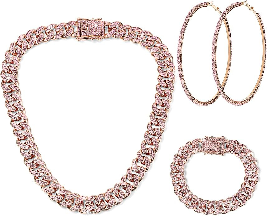 Batiyeer Cuban Link Chain Necklace Bracelet Rhinestone Earrings Bling Necklace Bracelet Crystal Big Circle Earring for Women