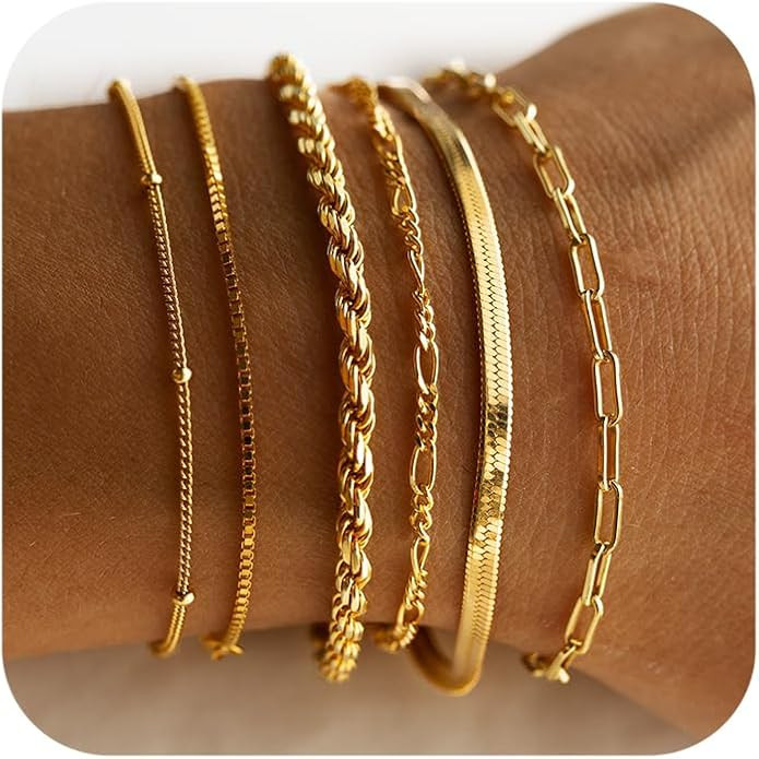 DEARMAY Gold Bracelets for Women 14K Real Gold Plated Jewelry Sets Stack Trendy Dainty Stackable Paperclip Rope Snake Box Figaro Chain Bracelets Pack Costume Fashion Filled Gifts
