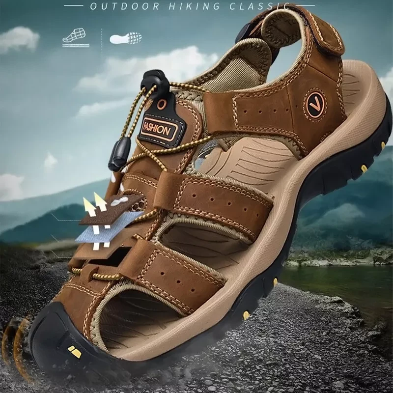 Men's Leather Sandals Closed Toe Beach Nonslip Summer Outdoor Sport Hiking Shoes