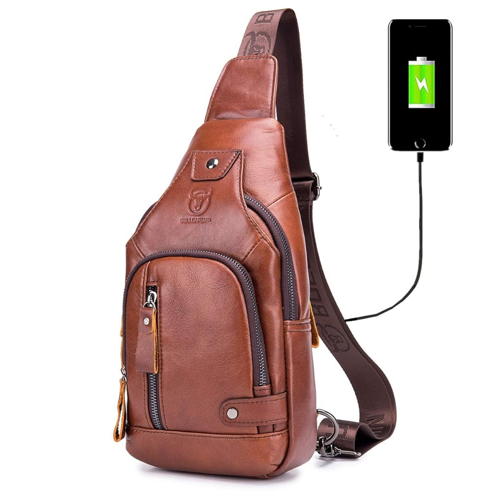BULLCAPTAIN Genuine Leather Sling Bag with USB Charging Port Multi-pocket Chest Bag for Men Hiking Travel Daypack XB-129