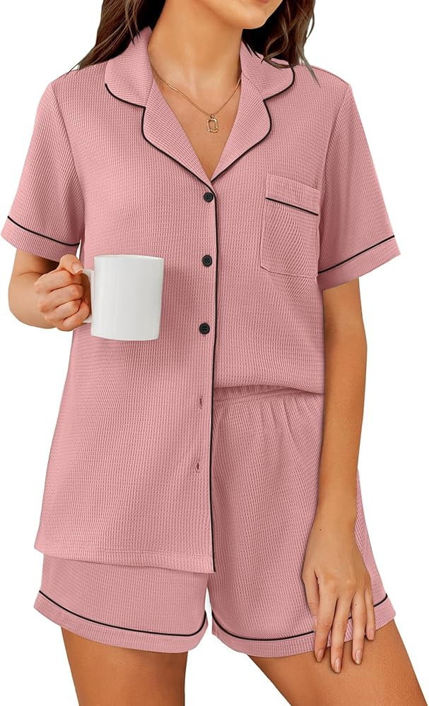 Ekouaer Womens Waffle Knit Pajama Sets Soft Short Sleeve Button Down Sleepwear Cozy 2 Piece Pjs Shorts Set