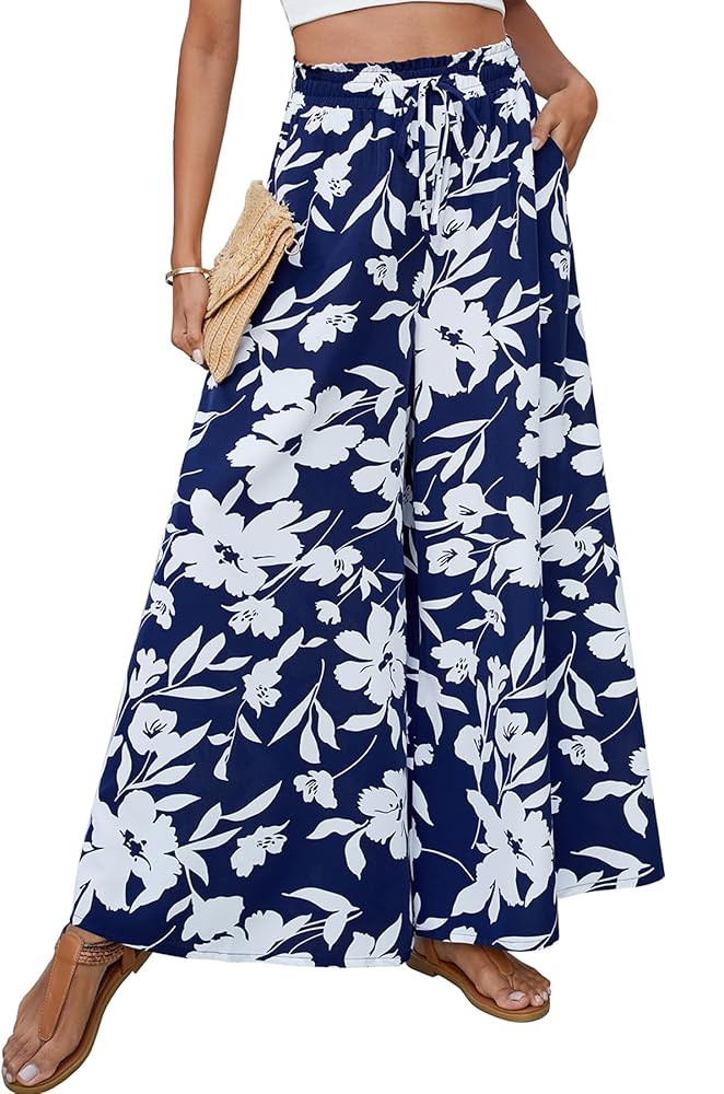 Women's Palazzo Pants Boho Floral Wide Leg Trousers Summer Beach High Waisted Flowy Pants with Pockets