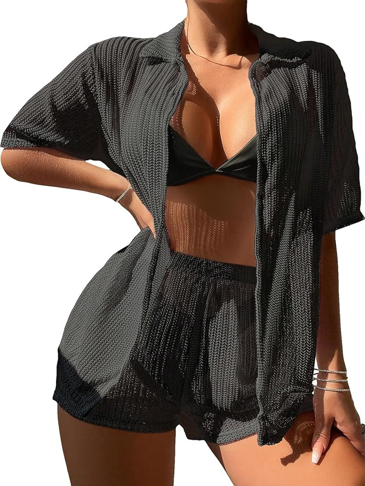 Milumia Women's 2 Piece Cover Ups Set Short Sleeve Open Front Kimono Swimsuit Coverup with Shorts