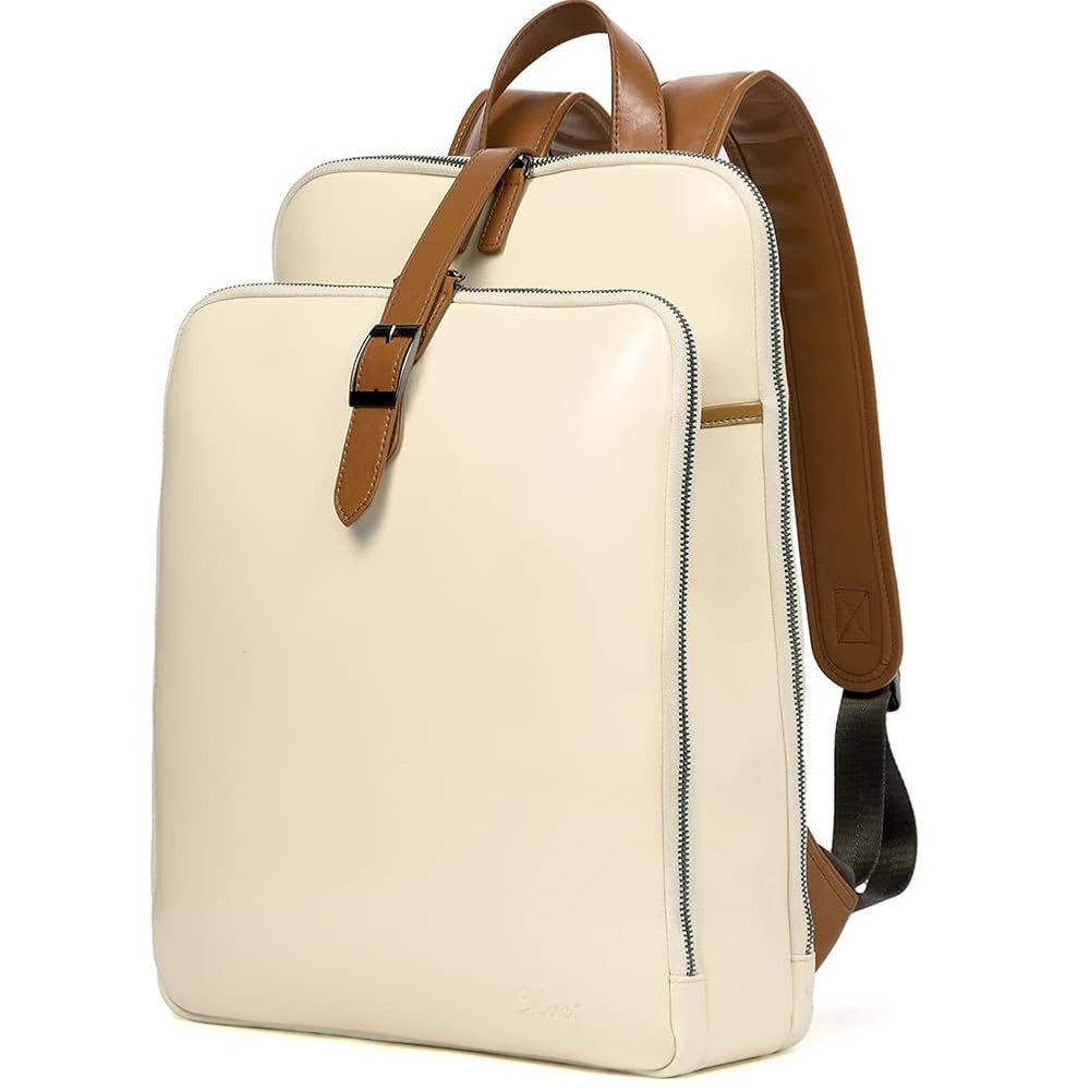 CLUCI Leather Laptop Backpack Purse for Women 15.6 Inch Travel Computer Backpack Business Bag College Daypack Beige With Brown
